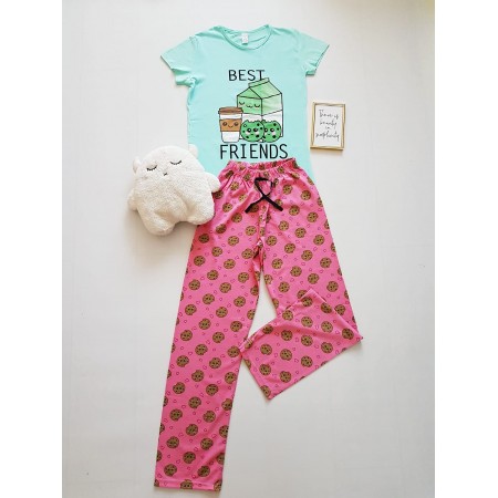 Pijama dama ieftina cu tricou verde si pantaloni lungi roz cu imprimeu Breakfast